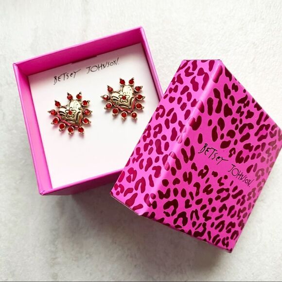 Betsey Johnson Gold Heart Red Stones Earrings - Picture 2 of 8